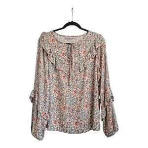 Sonoma Womens L Blouse Floral Long Cream Multicolor Ruffles Boho Elastic Cuffs